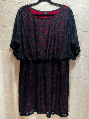 NWT Studio 1886 Black Lace Overlay Dress Red Lining Flutter Sleeve 1X 18W